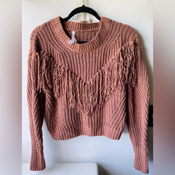 No Boundaries Sweaters - No Boundaries Fringed Knit Sweater - Brown